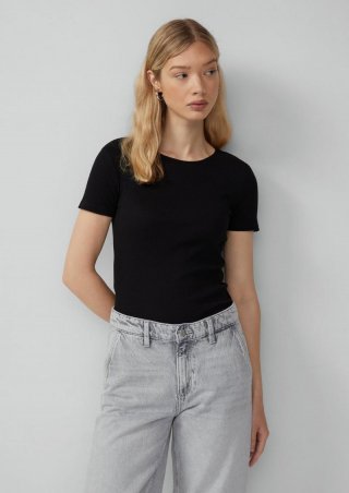s.Oliver Schmal geschnittenes Shirt mit Ajourmuster - schwarz