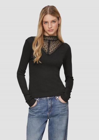 s.Oliver Schmales Rippshirt mit Spitzeneinsatz am Ausschnitt - schwarz