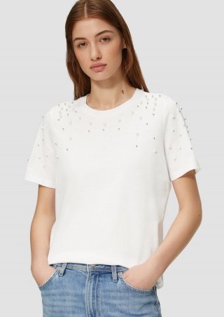 s.Oliver T-Shirt mit Schmuckperlen im Relaxed Fit - weiß