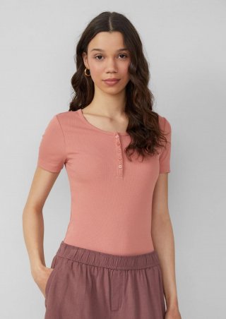 s.Oliver Geripptes T-Shirt mit Knopfleiste - papaya