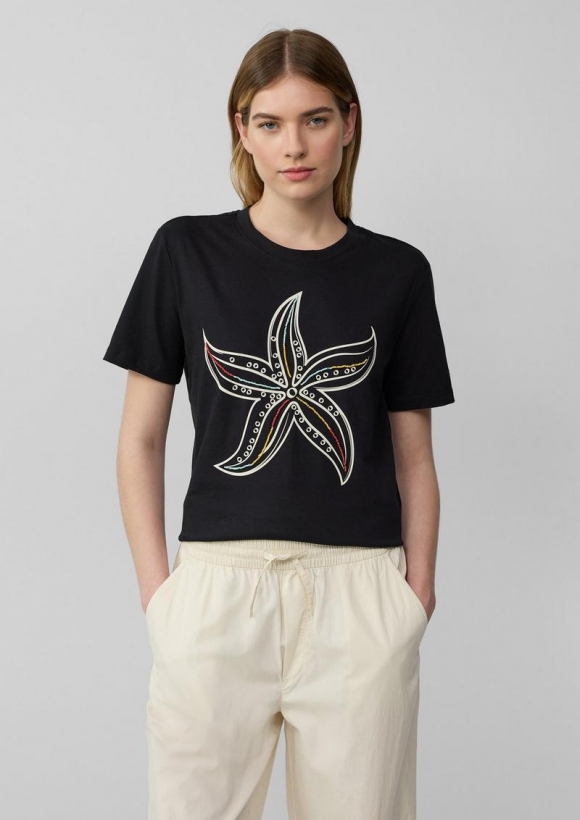 s.Oliver Jersey-T-Shirt mit Frontprint und Schmuckperlen - schwarz