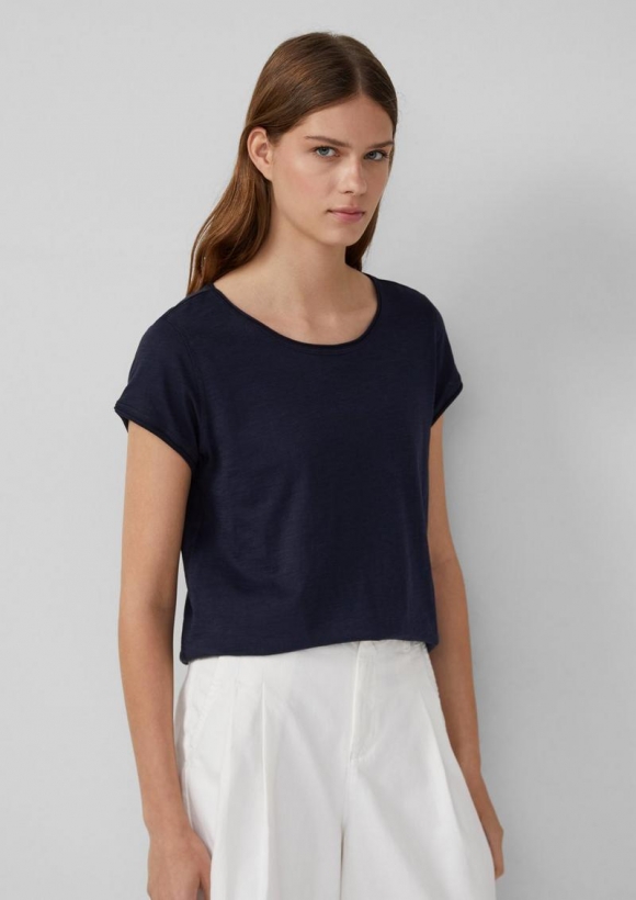 s.Oliver T-Shirt mit Rollkanten und Flammgarnstruktur - navy