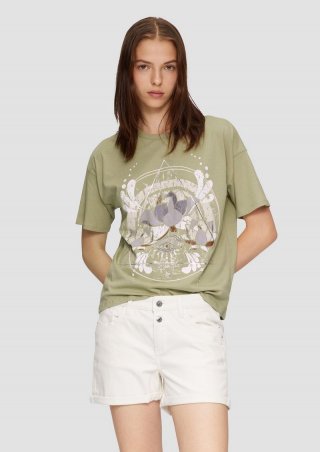 s.Oliver Print-T-Shirt mit überschnittenen Schultern - helles olivgrün