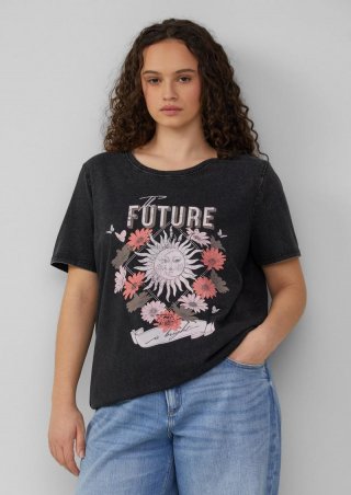 s.Oliver Baumwollshirt mit Frontprint in gewaschener Optik - schwarz