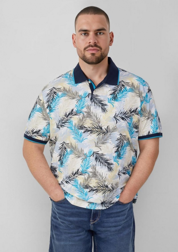 s.Oliver Piqué-Poloshirt mit Print und Kontrast-Details - himmelblau