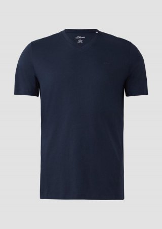 s.Oliver Jersey-T-Shirt mit V-Ausschnitt und Logo - navy