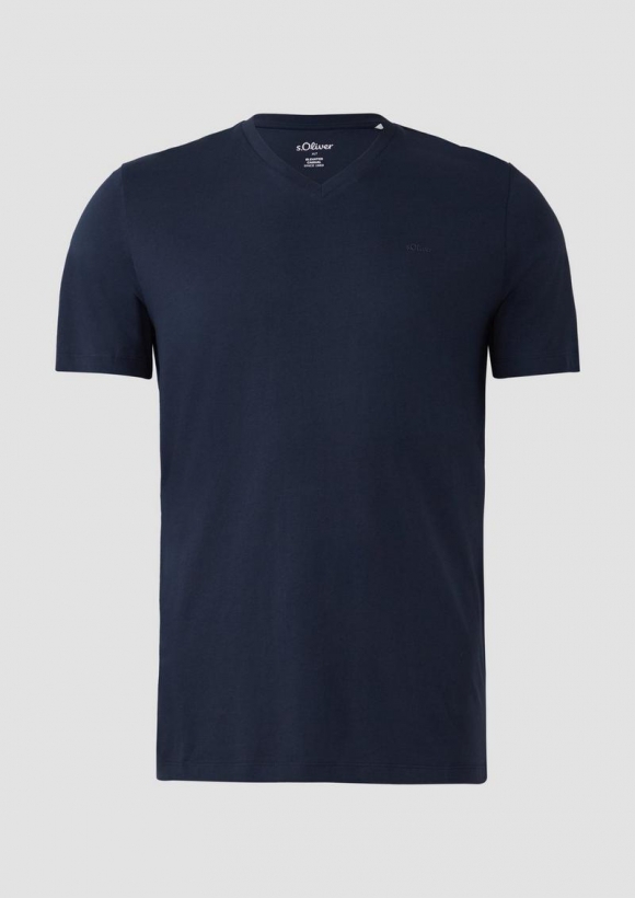 s.Oliver Jersey-T-Shirt mit V-Ausschnitt und Logo - navy