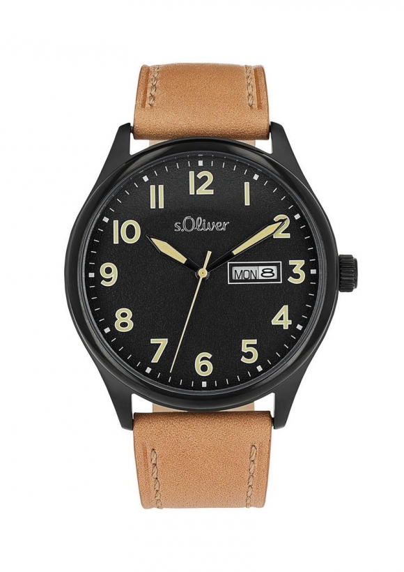 s.Oliver Schwarze Edelstahluhr mit Lederarmband - karamell