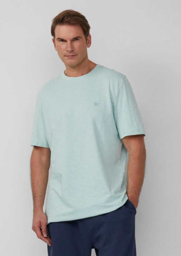 s.Oliver T-Shirt mit Flammgarnstruktur und Logo-Print - helles türkis
