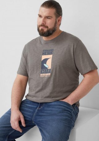 s.Oliver Baumwoll-T-Shirt mit Frontprint und Flammgarnstruktur - grau meliert