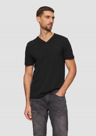 s.Oliver T-Shirt mit V-Ausschnitt und Logo-Print - schwarz