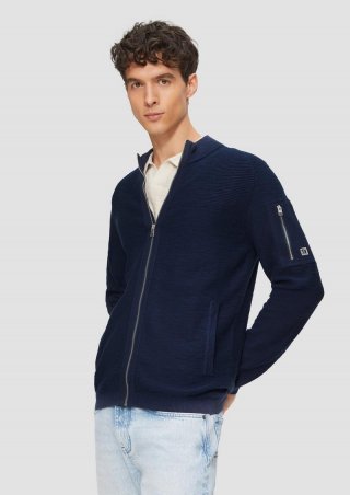s.Oliver Strickjacke mit Flammgarnstruktur und Stehkragen - tiefblau