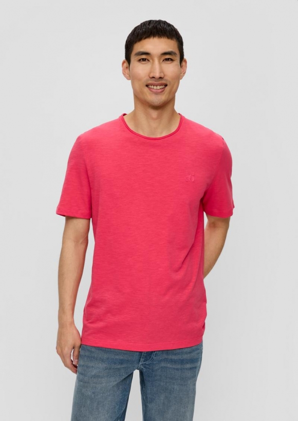s.Oliver T-Shirt mit Flammgarn-Struktur und Logo-Print - himbeere
