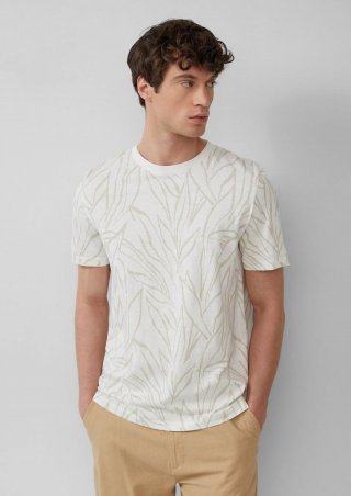 s.Oliver Baumwollshirt mit Print und Flammgarnstruktur - weiß
