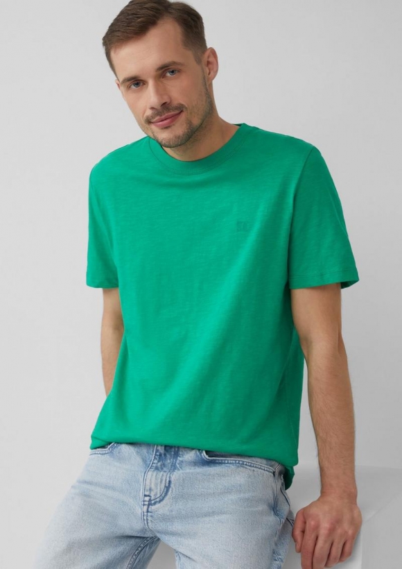 s.Oliver T-Shirt mit Flammgarnstruktur und Logo-Print - grün