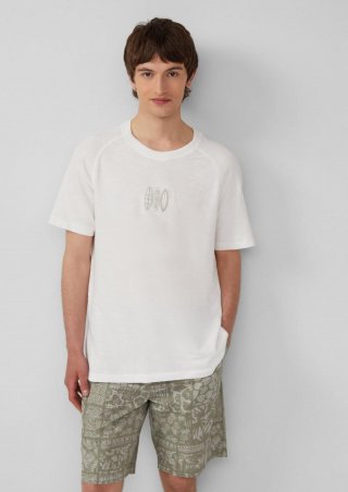 s.Oliver Raglan-T-Shirt mit Flammgarnstruktur und Stickerei - weiß