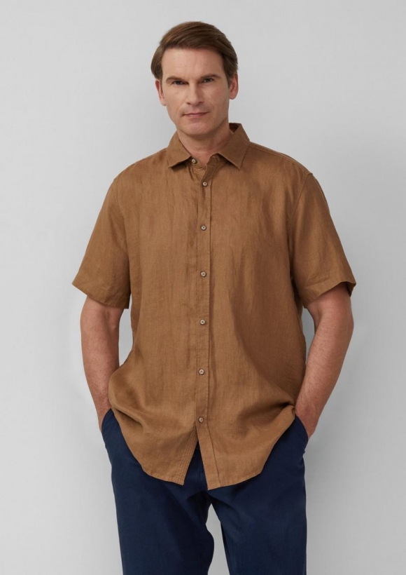 s.Oliver Regular Fit: Leichtes Kurzarmhemd aus 100% Leinen - sandstein
