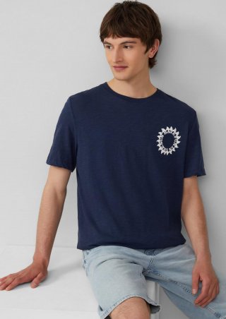 s.Oliver Baumwoll-T-Shirt mit Frontprint und Flammgarnstruktur - tiefblau