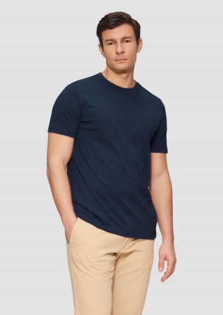s.Oliver T-Shirt mit Flammgarnstruktur und Logo-Print - tiefblau