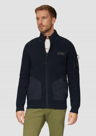s.Oliver Strickjacke im Fabricmix mit Stehkragen - navy