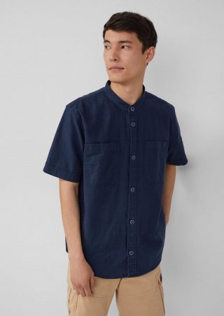 s.Oliver Relaxed Fit: Kurzarmhemd mit Stehkragen aus Leinenmix - tiefblau