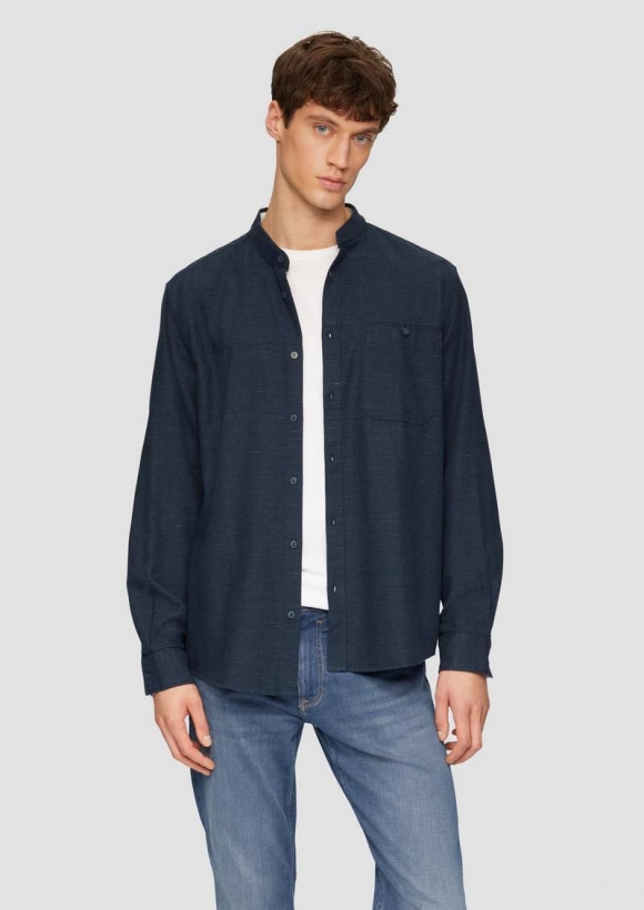 s.Oliver Regular Fit: Strukturiertes Baumwollhemd mit Stehkragen - navy