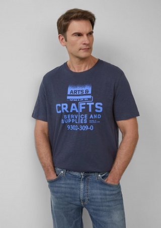 s.Oliver Baumwoll-T-Shirt mit Frontprint und Flammgarnstruktur - navy