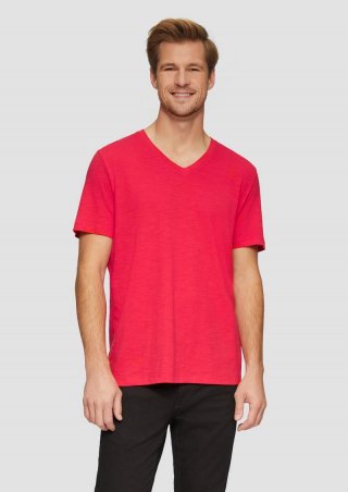 s.Oliver Baumwollshirt mit V-Ausschnitt und Flammgarnstruktur - himbeere
