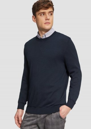 s.Oliver Edler Feinstrickpullover aus Baumwollmix mit Rippbündchen - navy