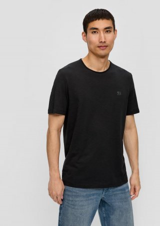 s.Oliver T-Shirt mit Flammgarn-Struktur und Logo-Print - schwarz