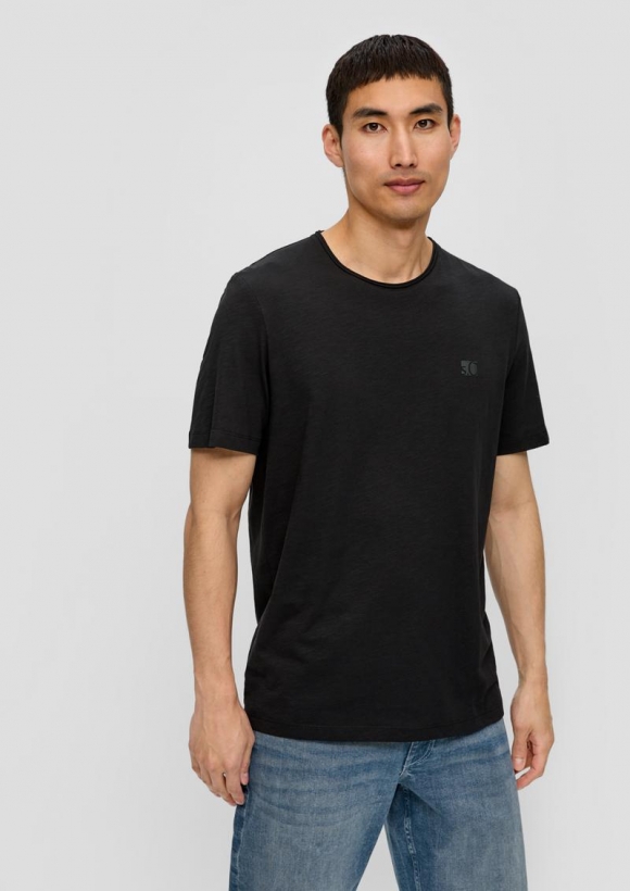 s.Oliver T-Shirt mit Flammgarn-Struktur und Logo-Print - schwarz