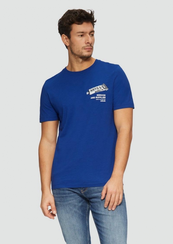 s.Oliver Baumwoll-T-Shirt mit Frontprint und Flammgarnstruktur - ozeanblau