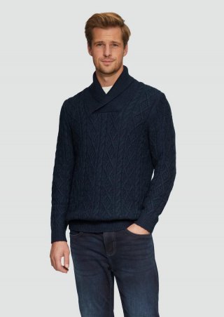 s.Oliver Schalkragenpullover mit Zopfmuster aus Wollmix - navy