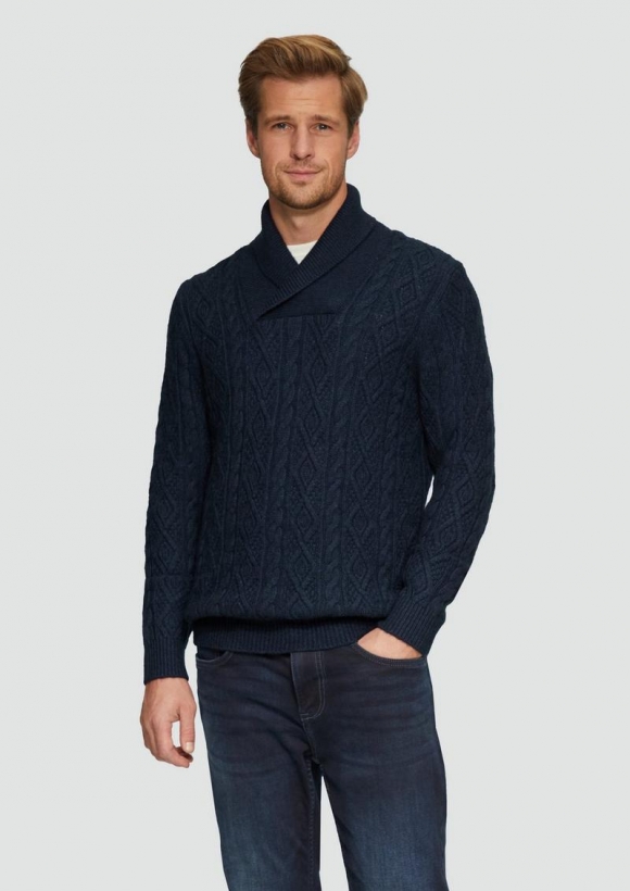 s.Oliver Schalkragenpullover mit Zopfmuster aus Wollmix - navy