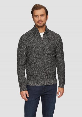s.Oliver Pullover mit Troyer-Kragen in Melange-Optik - schwarz