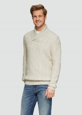 s.Oliver Schalkragenpullover mit Zopfmuster aus Wollmix - helles beige
