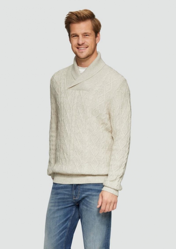 s.Oliver Schalkragenpullover mit Zopfmuster aus Wollmix - helles beige