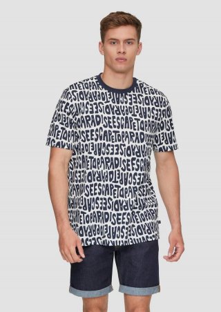 s.Oliver Baumwoll-T-Shirt mit All-over-Print und Rippblende - tiefblau