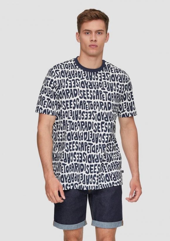 s.Oliver Baumwoll-T-Shirt mit All-over-Print und Rippblende - tiefblau