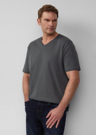 s.Oliver T-Shirt mit V-Ausschnitt und dezentem Logo - schiefergrau