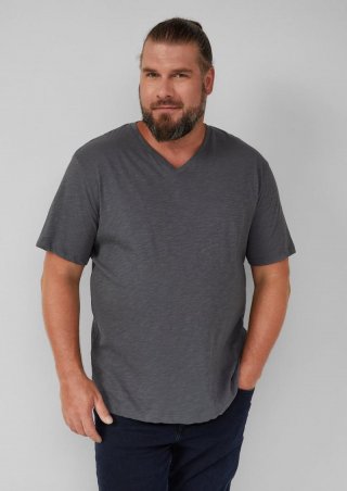 s.Oliver T-Shirt mit Label-Patch und V-Ausschnitt - schiefergrau