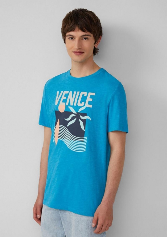 s.Oliver Baumwoll-T-Shirt mit Frontprint und Flammgarnstruktur - türkis