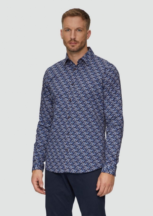 s.Oliver Slim Fit: Popeline-Hemd mit All-over-Print - navy