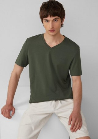 s.Oliver Jersey-T-Shirt mit V-Ausschnitt und Logo - olivgrün
