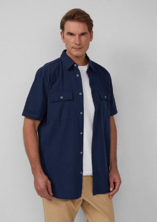 s.Oliver Regular Fit: Kurzarmhemd mit Strukturstreifen und Kentkragen - tiefblau