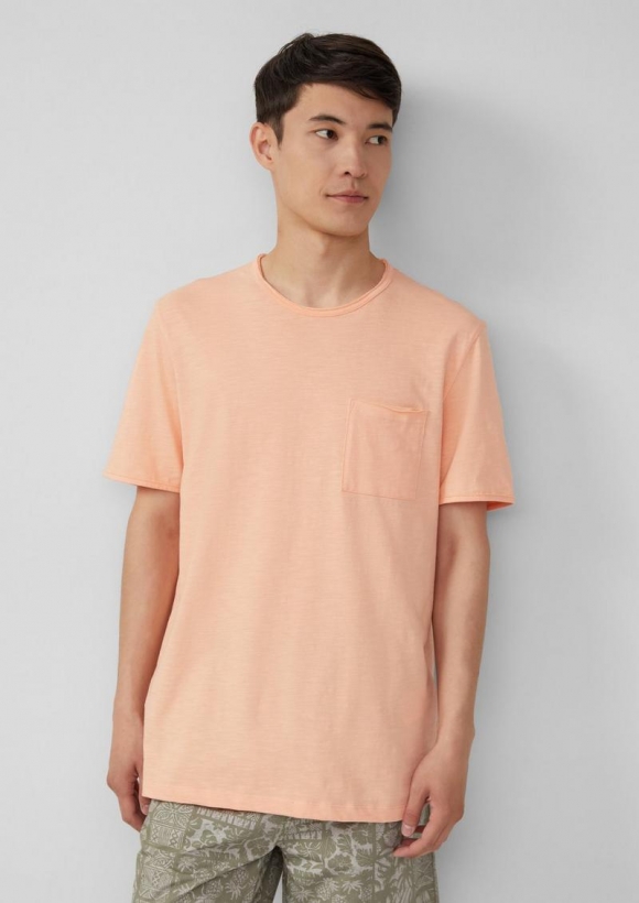 s.Oliver Flammgarn-T-Shirt mit Brusttasche und offenen Kanten - papaya
