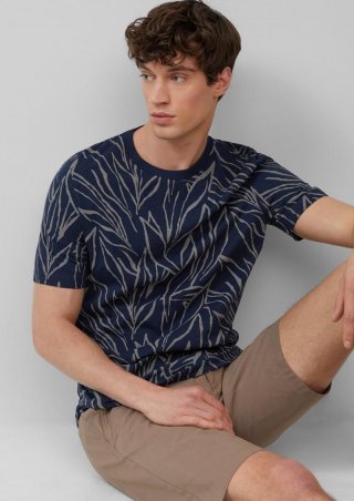 s.Oliver Baumwollshirt mit Print und Flammgarnstruktur - tiefblau