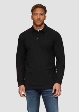 s.Oliver Strukturiertes Langarm-Poloshirt im Relaxed Fit - schwarz