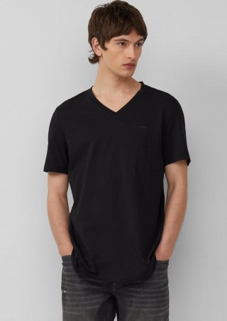 s.Oliver Jersey-T-Shirt mit V-Ausschnitt und Logo - schwarz