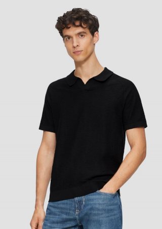 s.Oliver Gestricktes Poloshirt mit Flammgarnstruktur - schwarz